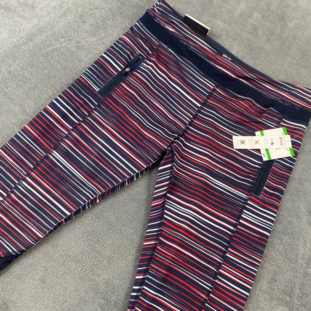 Anne Klein Sport Womens L Crop Leggings Navy Red Striped High Rise Mesh Pocket